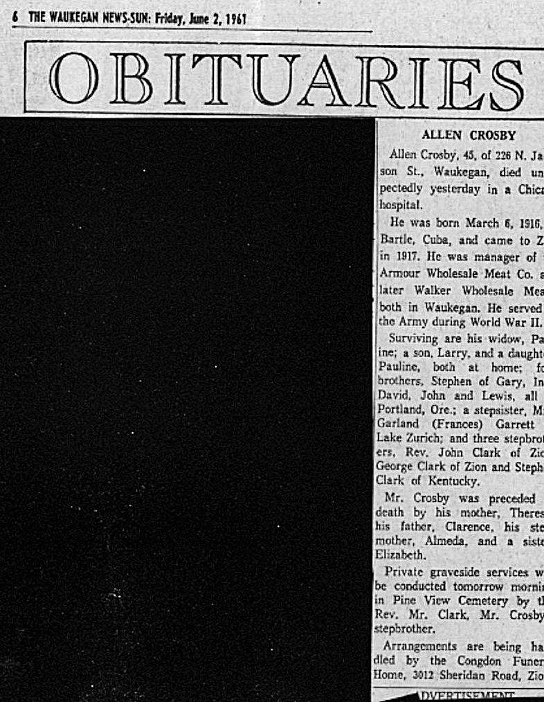Allen Daniel Crosby obituary, 1961.