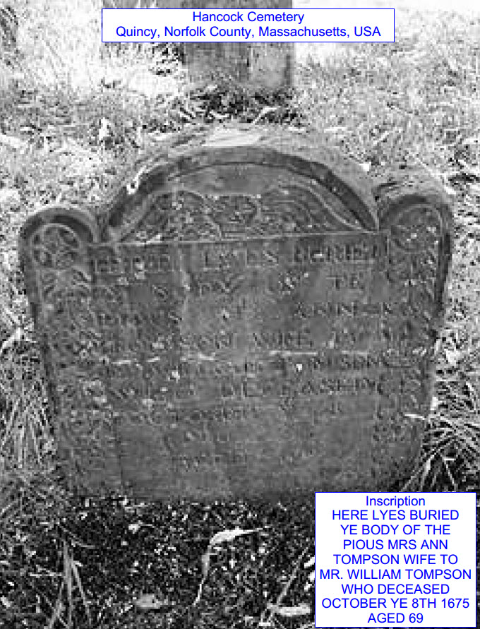 Gravestone of Anne Brigham Crosby Tompson, Hancock Cemetery, Quincy.