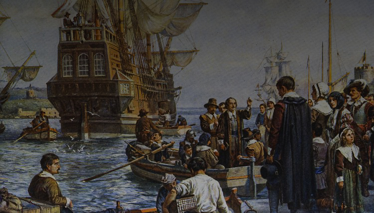 Harbor scene of a seventeenth-century ship at the Bay Colony.