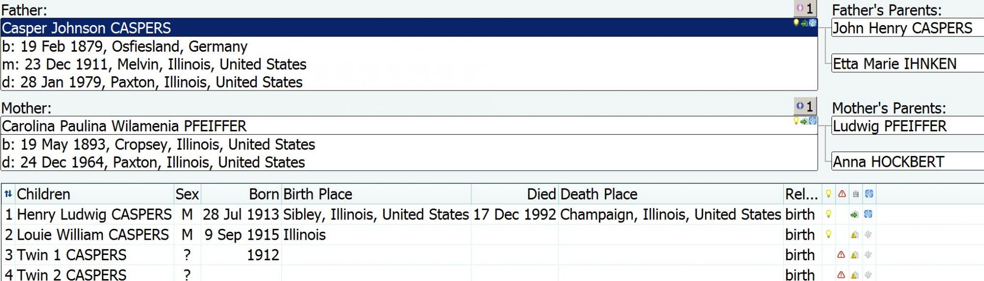 Casper Johnson Caspers family sheet.