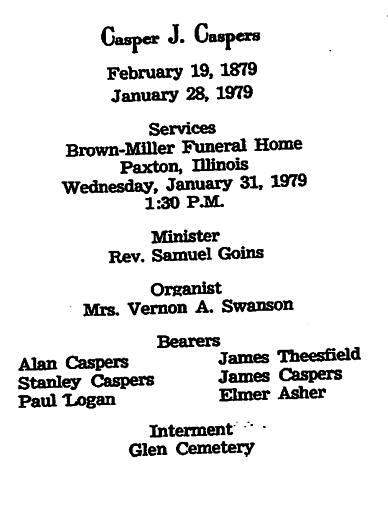 Casper Caspers funeral home notice, 1979.