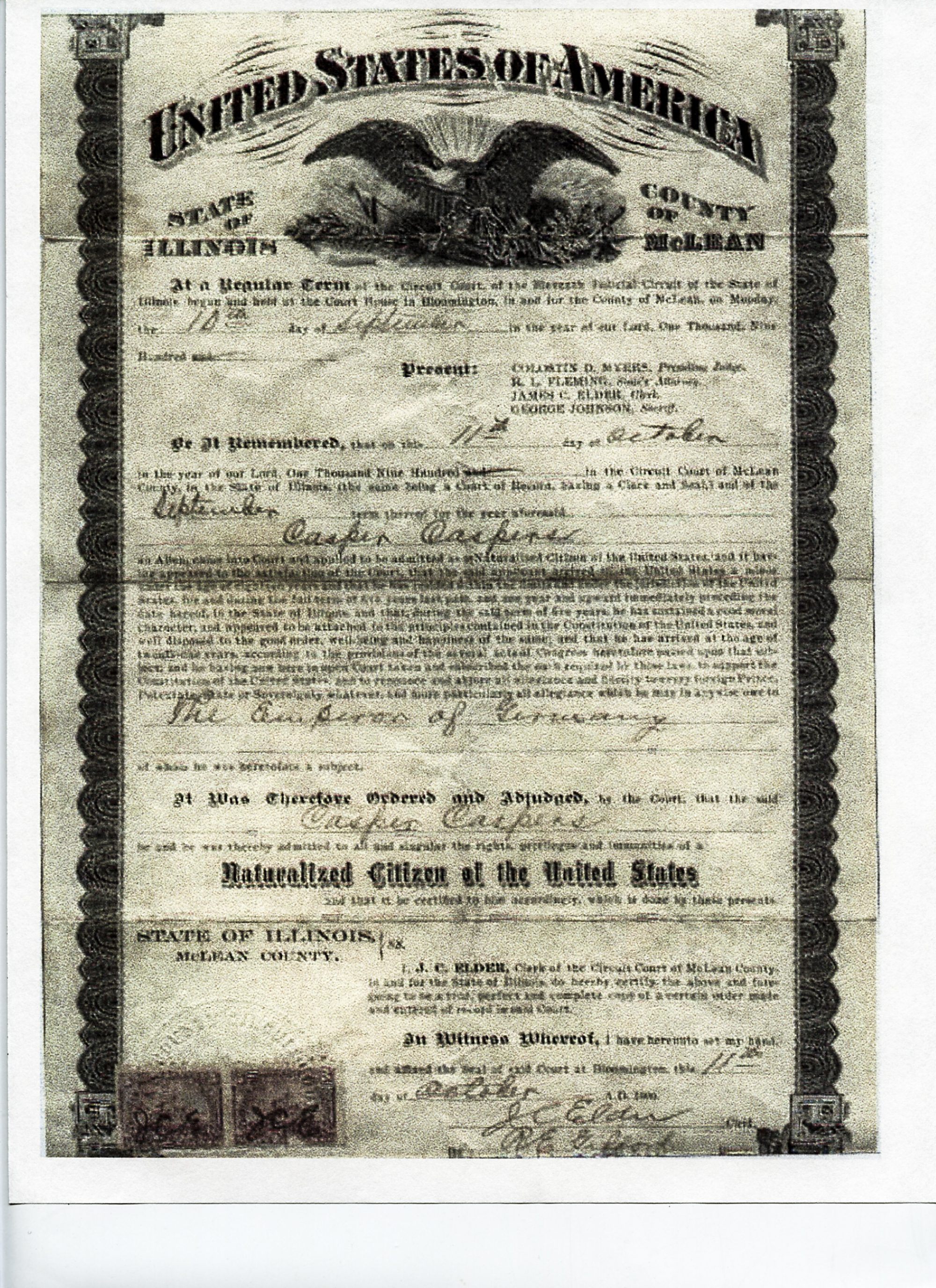 Casper Johnson Caspers naturalization certificate.