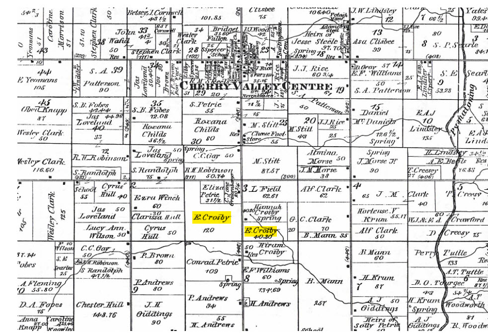 1874 Cherry Valley Township map, Ohio, with Crosby land marked.