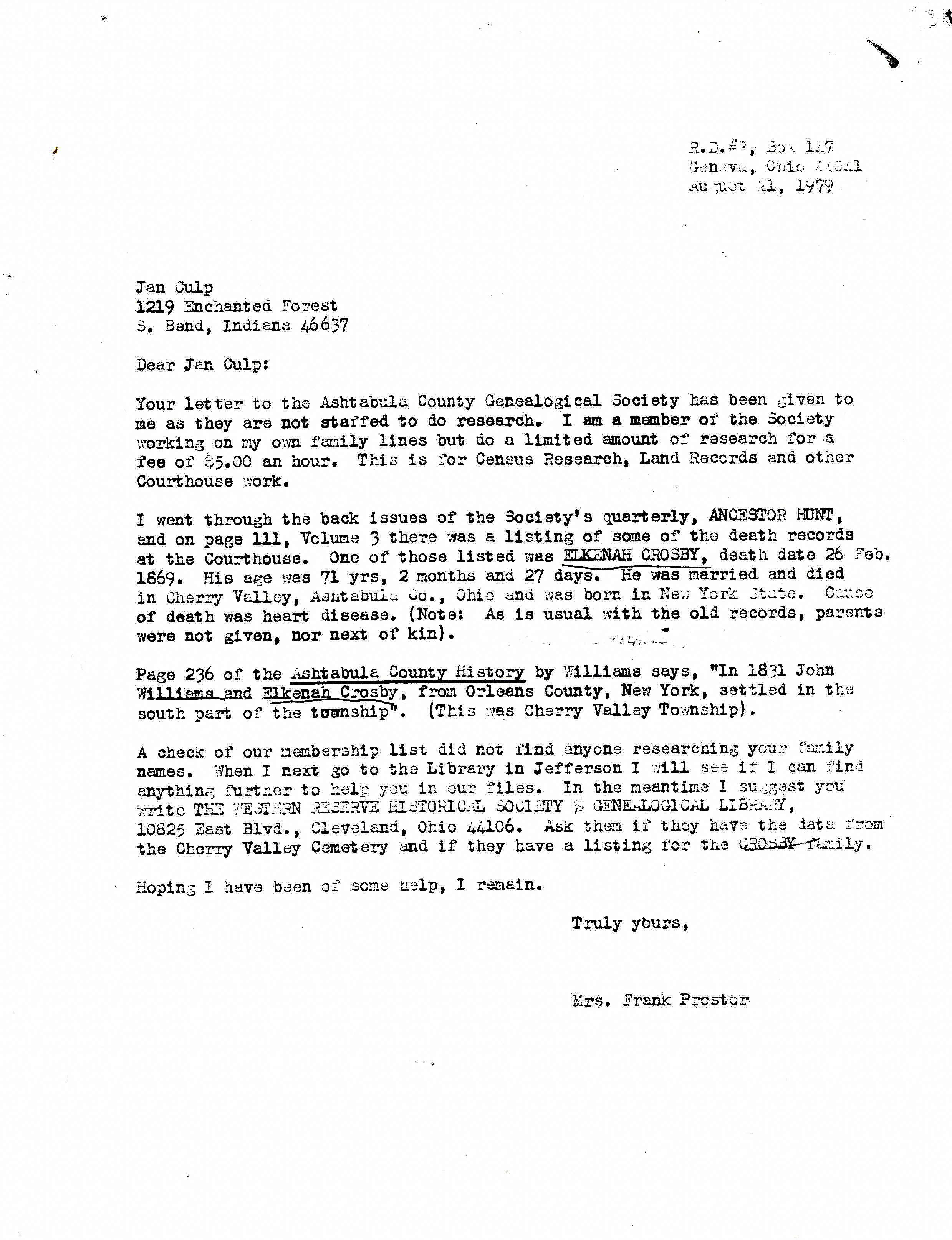 1979 research letter from Jan Culp about Elkanah Crosby.