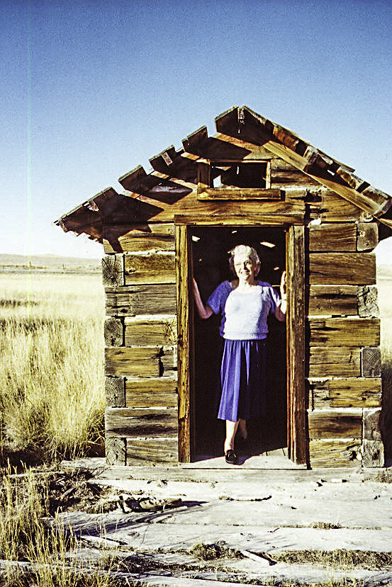 Minnie Eileen Crosby Hays at the family outhouse, about 2000.