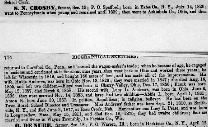 LaFayette County, Wisconsin history page naming Samuel Newell Crosby.