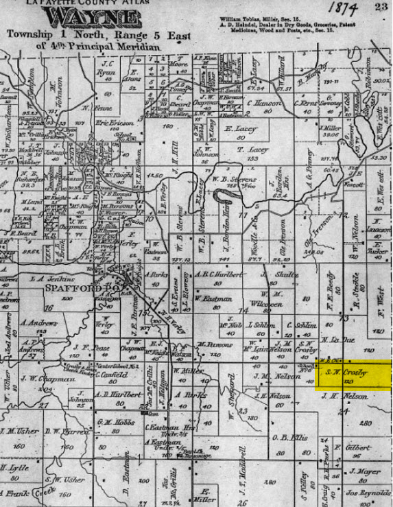 1874 South Wayne map with Samuel Newell Crosby land marked.