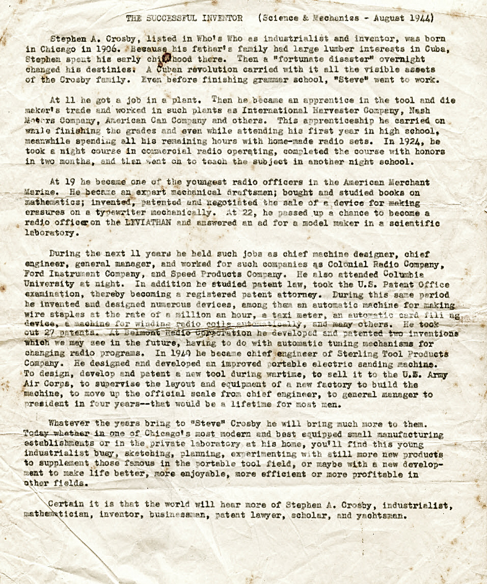 Science and Mechanics article on Steven Crosby, August 1944.