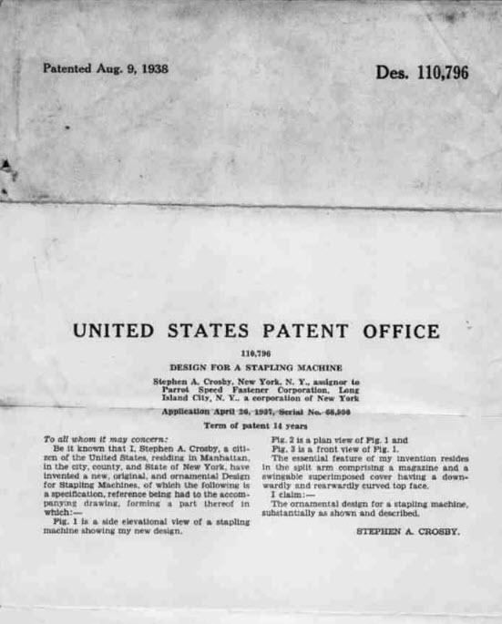 Stephen Crosby stapler patent, August 9, 1938.